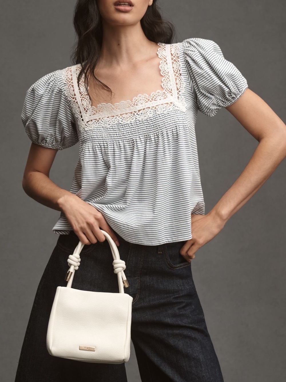 Anthro Maeve Square Neck Puff Sleeve Stripe Swing Tee